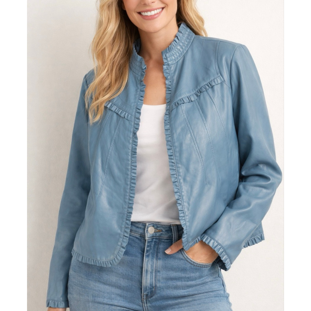 THE MUSES LOUNGE Blue Faux Leather Ruffle Jacket M